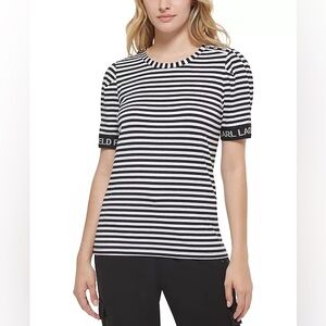 Karl Lagerfeld Women's Striped Short Sleeve Top White Black Size S